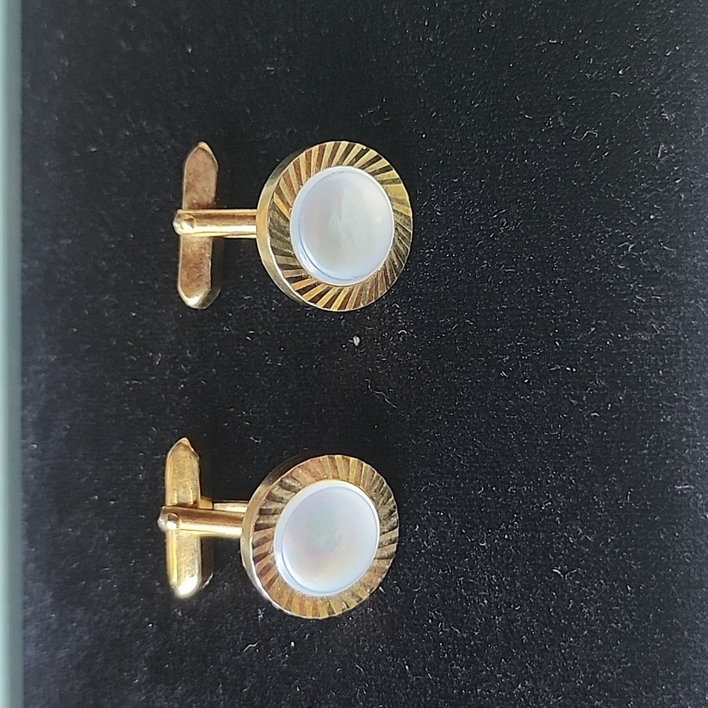 Vintage Gold Tone Cufflinks White Inset Round Classic Mid Century Men’s